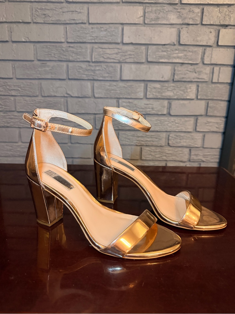 INC International Concepts Metallic Rose Gold Ankle Strap Block Heel Sandals – S